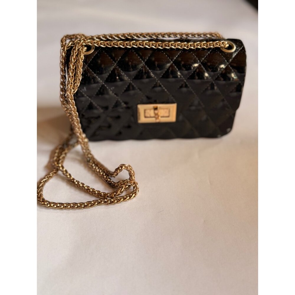 Black Quilted Jelly Chain Crossbody Bag With Gold-Tone Turn Lock & Strap